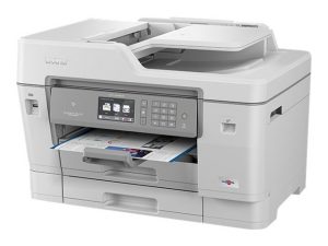 Brother MFC-J6945DW Printer shown here in its promo photo. Two expandable trays on the bottom plus a rear feed gives lots of paper options.